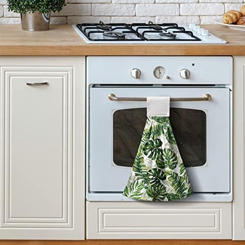 Kwlegh Palm Leaves Hanging Kitchen Towels Set of 2 Tropical Green Hand Tie Towels Monstera Print Hand Towels Hawaiian Soft Absorbent Kitchen Towels with Hanging Loop for Bathroom Kitchen 12x17 Inch - Image 7