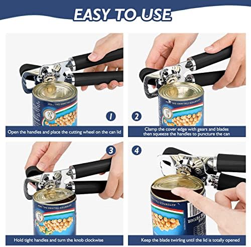 Mebotem 10 Colors Can Opener Manual Handheld Heavy Duty Hand Can Opener Smooth Edge Stainless Steel Can Openers Top Lid Kitchen Gadgets, Best Large Rated Easy Turn Knob, with Bottle Opener, Black - Image 6