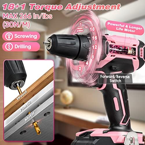 SHALL 247Pcs 20V Cordless Drill Driver & Household Tool Kit for Women, Pink Electric Power Drill Screwdriver and Home Hand Tool Set with 14” Storage Tool Bag for DIY, Home Repair/Maintenance - Image 3