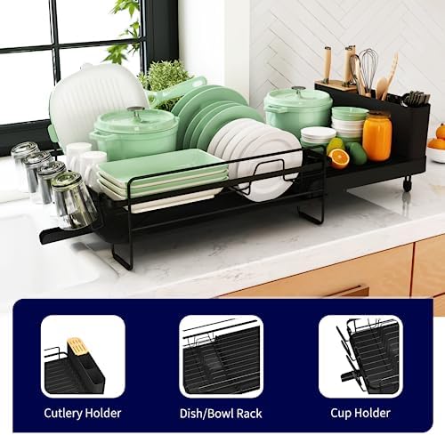 Kitsure Large Dish Drying Rack - Extendable Dish Rack, Multifunctional Dish Rack for Kitchen Counter, Anti-Rust Drying Dish Rack with Cutlery & Cup Holders - Image 5
