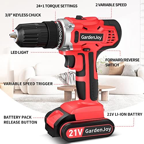 GardenJoy Cordless Power Drill Set: 21V Electric Drill with Fast Charger 3/8-Inch Keyless Chuck 2 Variable Speed 24+1 Torque Setting Power Tools Kit and 30pcs Drill/Driver Bits - Image 2