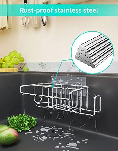 HapiRm 4 in 1 Adhesive Sink Caddy Sponge Holder, SUS304 Stainless Steel Sink Basket Brush Holder + Dish Cloth Hanger + Soap Rack + Sink Stopper Holder with 2 Installation Ways - Silver - Image 2