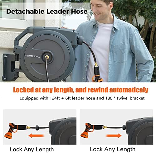 Giraffe Tools Retractable Garden Hose Reel 1/2 Inch x 130 ft, Super Heavy Duty, Any Length Lock, Slow Return System, Wall Mounted and 180 Deg Swivel Bracket - Image 3
