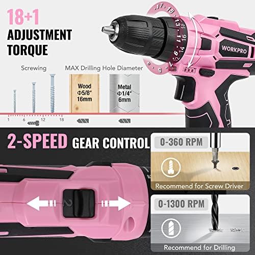 WORKPRO Pink Tool Set with Power Drill, 108PCS Portable Ladies Pink Drill Kit for Home with Toolbox including Pink Hammer, 1.5 Ah Cordless Hand Drills with Keyless Chuck and Variable Speed Trigger - Image 6