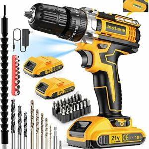 JayLene 21V Cordless Drill Set, Power Drill 59Pcs with 3/8 Inch Keyless Chuck, 25 3 Clutch Electric Drill with Work Light, Max torque 45Nm, 2-Variable Speed & 2 Batteries and Fast Charger