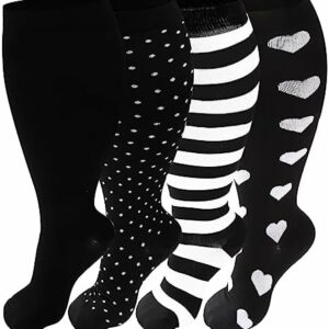 4 Pairs Plus Size Compression Socks for Women & Men, Extra Wide Calf 20-30 mmHg Knee High Compression Stockings for Circulation Swelling Support
