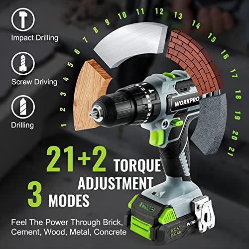 WORKPRO 20V Max Cordless Drill Driver Set, Electric Power Impact Drill Tool with 102 Pieces Accessories, 1/2'' Chuck Impact Drill Kit with Portable Case, 2 x 2.0Ah Li-ion Batteries with Fast Charger - Image 8