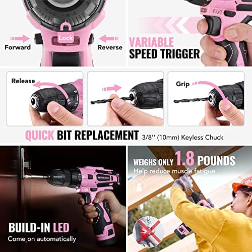 WORKPRO Pink Tool Set with Power Drill, 108PCS Portable Ladies Pink Drill Kit for Home with Toolbox including Pink Hammer, 1.5 Ah Cordless Hand Drills with Keyless Chuck and Variable Speed Trigger - Image 5