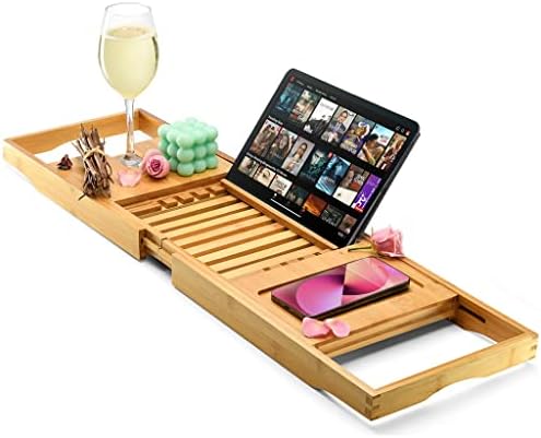 Luxury Bathtub Tray Caddy - Foldable Waterproof Bath Tray & Bath Caddy - Wooden Tub Organizer & Holder for Wine, Book, Soap, Phone Luxury Gift For Men & Women - Expandable Size, Fits Most Tubs Home It