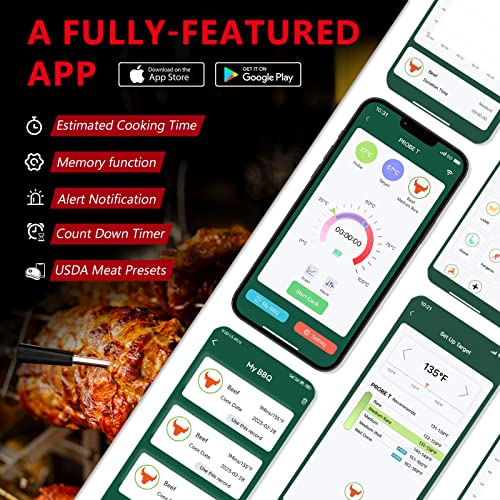 AIRMSEN Wireless Meat Thermometer, Smart Bluetooth Meat Thermometer with 165ft Wireless Range Fast Precise, IPX7 Waterproof Food Thermometer for Cooking, BBQ, Kitchen, Smoker, Grill, Rotisserie - Image 6