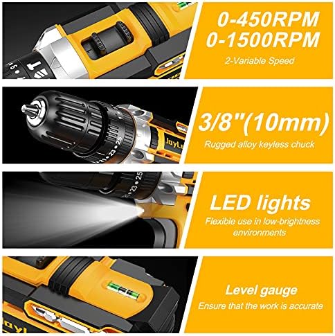 JayLene 21V Cordless Drill Set, Power Drill 59Pcs with 3/8 Inch Keyless Chuck, 25 3 Clutch Electric Drill with Work Light, Max torque 45Nm, 2-Variable Speed & 2 Batteries and Fast Charger - Image 2