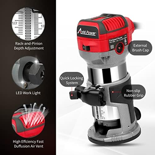 AVID POWER 6.5 Amp 1.25 HP Compact Router Tools for Woodworking, Fixed Base Wood Router with Trim Router Bits, 6 Variable Speeds, Edge Guide, Roller Guide and Dust Hood - Image 3