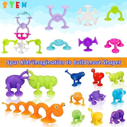 35 Pcs Suction Cup Toys Kids Bath Toys Sensory for 2 3 4 5 6 Year Old Boys Girls Travel Toys Toddler Age 1-3 3-5 Educational Fidget Silicone Sucker Window Toys Squigs with Egg Storage Stress Release - Image 4