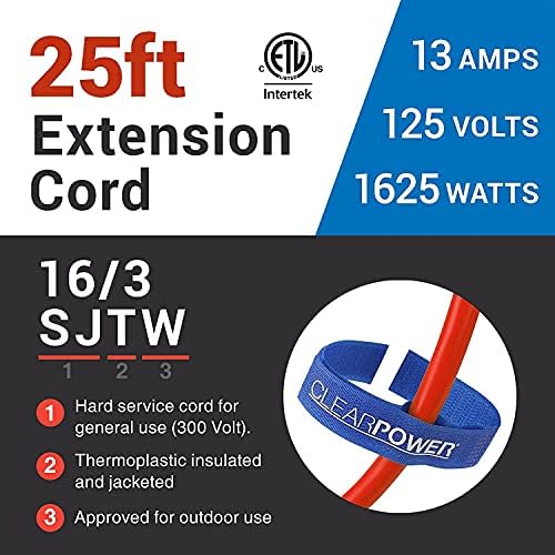 Clear Power 25 ft Outdoor Extension Cord 16/3 SJTW, 3-Prong Grounded Plug, Orange, Water & Weather Resistant, Flame Retardant, General Purpose Power Cord for Lawn & Garden, DCOC-0116-DC - Image 7