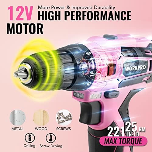 WORKPRO Pink Tool Set with Power Drill, 108PCS Portable Ladies Pink Drill Kit for Home with Toolbox including Pink Hammer, 1.5 Ah Cordless Hand Drills with Keyless Chuck and Variable Speed Trigger - Image 4
