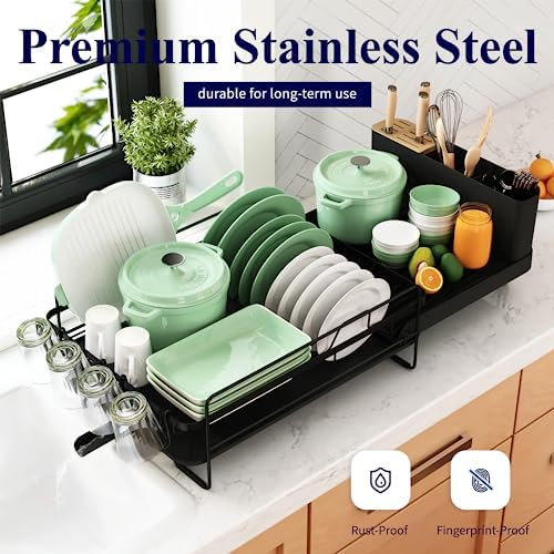 Kitsure Large Dish Drying Rack - Extendable Dish Rack, Multifunctional Dish Rack for Kitchen Counter, Anti-Rust Drying Dish Rack with Cutlery & Cup Holders - Image 4