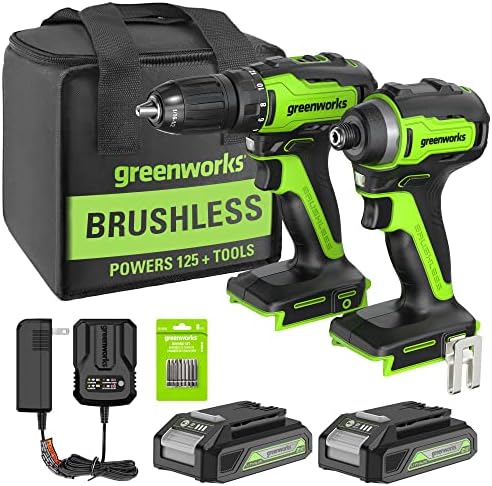 Greenworks 24V Brushless Cordless Drill Impact Driver Combo kit, 1/2”Drill & 1/4”Hex Impact Driver Power Tool Kit, Included 2 Batteries, 1 Charger, 8 pcs Bit Set & Bag