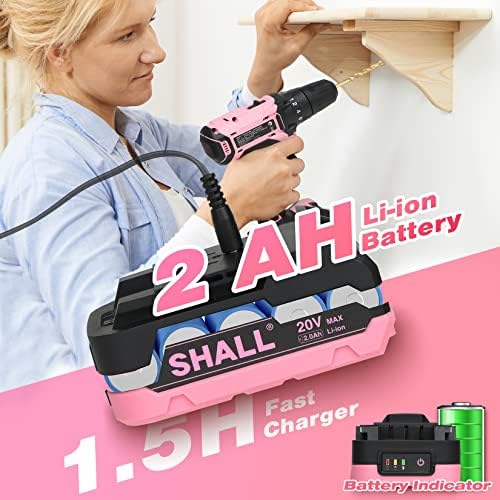 SHALL 247Pcs 20V Cordless Drill Driver & Household Tool Kit for Women, Pink Electric Power Drill Screwdriver and Home Hand Tool Set with 14” Storage Tool Bag for DIY, Home Repair/Maintenance - Image 5