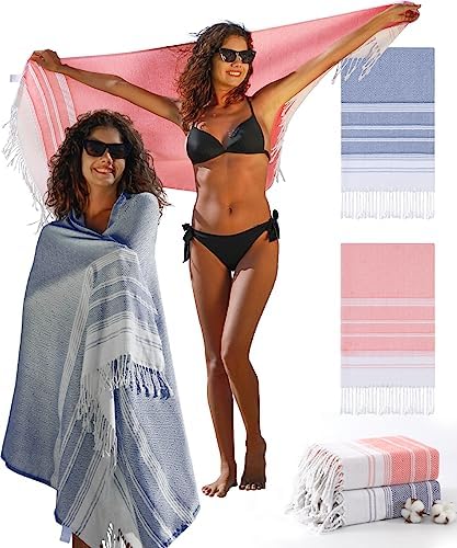 2 Packs Cotton Oversized Turkish Beach Towels 74"x38" Soft Absorbent Quick Dry Sand Free Thin Towel Bath Pool Swim Extra Large Adult Travel Essentials Cruise Accessories Blanket Clearance Necessities