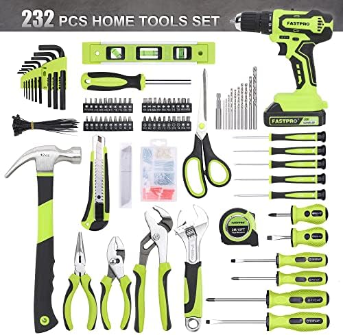 FASTPRO 232-Piece 20V Cordless Lithium-ion Drill Driver and Home Tool Set, Household Repairing Tool Kit with Drill, 12-Inch Wide Mouth Open Storage Tool Bag, Green - Image 2