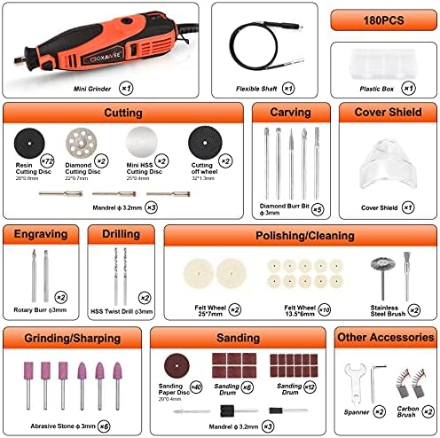 GOXAWEE Rotary Tool Kit with 180 Rotary Tool Accessories & Flex Shaft & Universal Collet, 5 Variable Speed Rotary Multi-Tool, Mini Electric Drill Set for Crafting DIY Project - Image 6