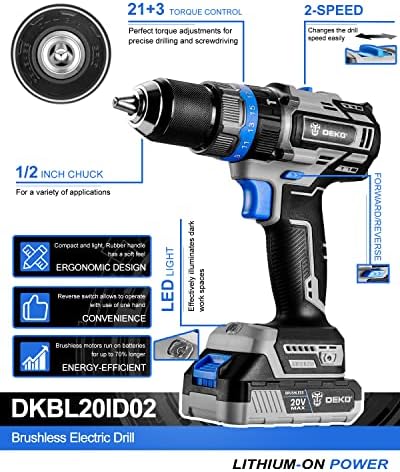 DEKOPRO Cordless Drill Combo Kit - 20V Max Brushless Impact Drill and Impact Wrench Cordless Power Tool Set with 2Pcs 2.0 Ah&4.0 Ah Lithium-Ion Batteries, Charger and Storage Bag included - Image 2