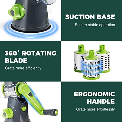 Cheese Grater with Handle, Kitchen Manual Cheese Shredder with 3 Interchangeable Blades, Rotary Cheese Grater Handheld with Strong Suction Base, Vegetable Slicer Nuts Grinder with Clean Brush - Image 6