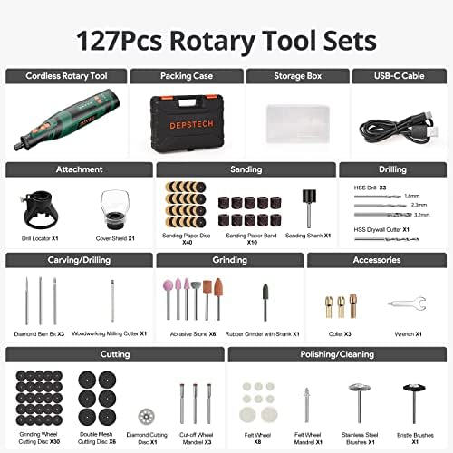 DEPSTECH Cordless Rotary Tool Kit, 8V 2.0Ah Rechargeable Battery, 30000RPM 5-Speed Multi Power Carving Tools, 127Pcs Accessories, Shield Attachment, Cutting/Drilling Guide for Handmade/DIY Creations - Image 7