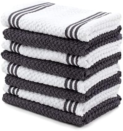 Kitchen Towels Dishcloths 100% Cotton, Set of 8, Gray and White Dish Cloth Towels, Tea Towels, Reusable and Absorbent Cleaning Cloths, Oeko-Tex Cotton, 12 in x 12 in