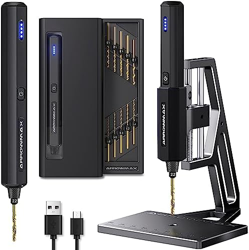 ARROWMAX Mini Electric Drill 15 in 1 with Benchtop Press, Cordless, LED Lights, Needle Vise Hand Drill Kit, 10 HSS Drill bits, 3/32-Inch Keyless Chuck, Variable Direction (SDS MINI PLUS),Black