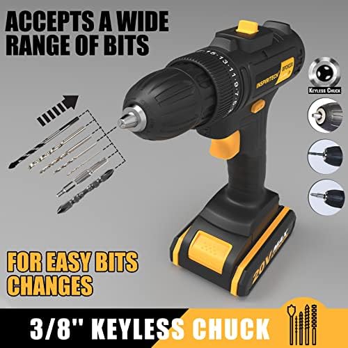 INSPIRITECH 20V Cordless Drill with 2 Batteries, Charger and 13'' Tool Bag, 3/8 Inch Chuck, Variable Speed, 25+1 Torque Setting with LED Work Light and Accessories - Image 6