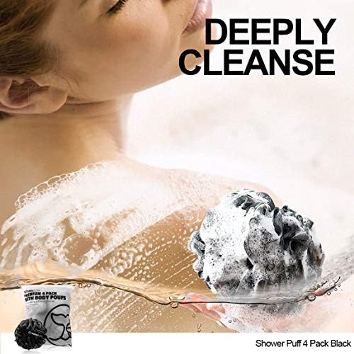 Shower Puff 4 Pack Black Bath Sponge Shower Loofahs Pouf Ball Nature Bamboo Charcoal Mesh Bulk Puffs Large, Shower Essential Skin Care by WhaleLife - Image 5