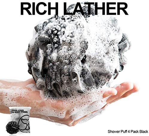 Shower Puff 4 Pack Black Bath Sponge Shower Loofahs Pouf Ball Nature Bamboo Charcoal Mesh Bulk Puffs Large, Shower Essential Skin Care by WhaleLife - Image 3