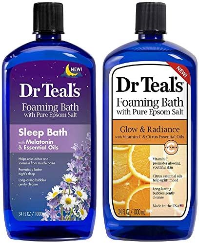 Dr. Teal's Foaming Bath Variety Gift Set (2 Pack, 34oz Ea.) - Melatonin Sleep Soak & Glow & Radiance with Vitamin C and Citrus Essential Oils - Moisturizes Skin & Promotes a Better Nights Sleep