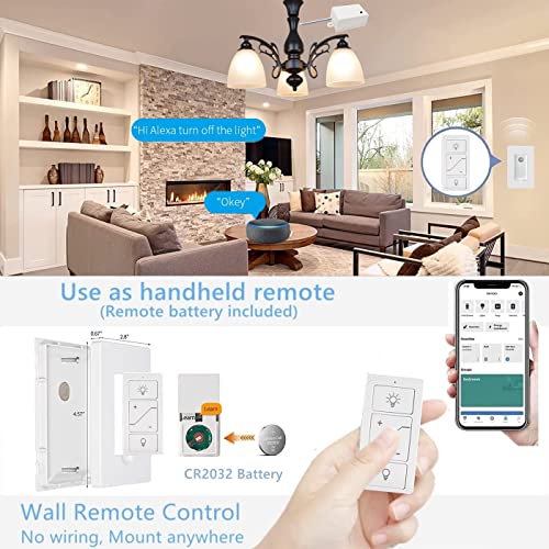 Nexete Smart Wireless Light Switch and Receiver Kit,Brightness Adjustable,100ft RF Range No Wiring Mini Remote Control with Wall Plate,Voice Control,Bluetooth Work with Amazon Alexa (2 Wall Switches) - Image 3