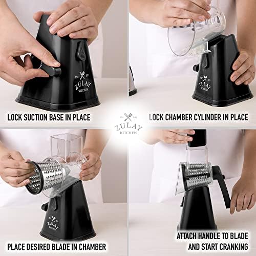 Rotary Cheese Grater with Upgraded, Reinforced Suction - Round Cheese Shredder Grater with 3 Replaceable Stainless Steel Drum Blades - Easy To Use & Clean - Vegetable Slicer & Nut Grinder (Black) - Image 5