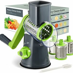 Cheese Grater with Handle, Kitchen Manual Cheese Shredder with 3 Interchangeable Blades, Rotary Cheese Grater Handheld with Strong Suction Base, Vegetable Slicer Nuts Grinder with Clean Brush