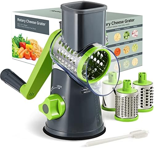 Cheese Grater with Handle, Kitchen Manual Cheese Shredder with 3 Interchangeable Blades, Rotary Cheese Grater Handheld with Strong Suction Base, Vegetable Slicer Nuts Grinder with Clean Brush
