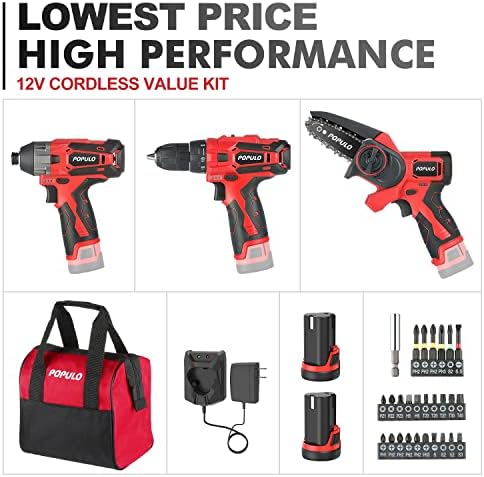 12V Cordless Power Tool Combo Kits, 3-1/2" Brushless Electric Mini Chainsaw, 3/8" Power Drill Driver, 1/4" Impact Driver Set with 2Pcs 2.0Ah Lithium Batteries for Household Projects and DIY (3-Tool) - Image 5