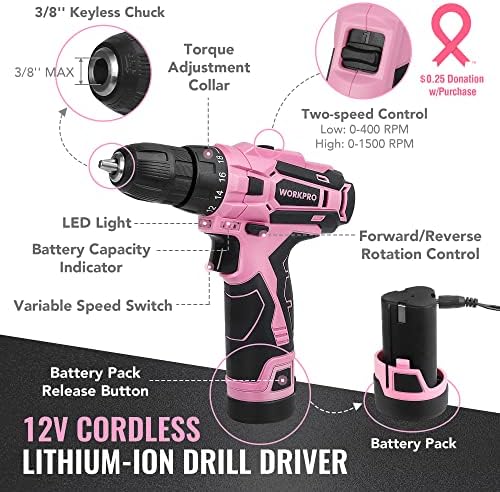 WORKPRO Pink Tool Set with Power Drill, 108PCS Portable Ladies Pink Drill Kit for Home with Toolbox including Pink Hammer, 1.5 Ah Cordless Hand Drills with Keyless Chuck and Variable Speed Trigger - Image 3