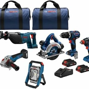 BOSCH GXL18V-601B25 18V 6-Tool Combo Kit with 2-in-1 Bit/Socket Impact Driver, Hammer Drill/Driver, Reciprocating Saw, Circular Saw, Angle Grinder, Floodlight and (2) CORE18V 4.0 Ah Compact Batteries