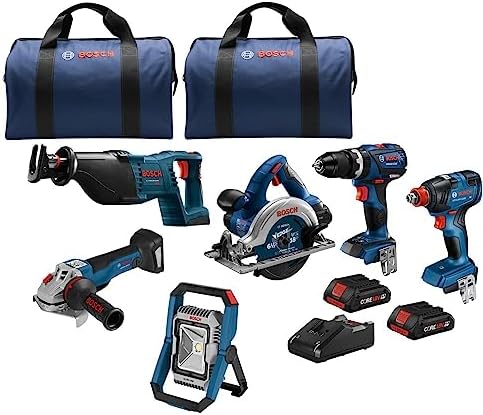 BOSCH GXL18V-601B25 18V 6-Tool Combo Kit with 2-in-1 Bit/Socket Impact Driver, Hammer Drill/Driver, Reciprocating Saw, Circular Saw, Angle Grinder, Floodlight and (2) CORE18V 4.0 Ah Compact Batteries