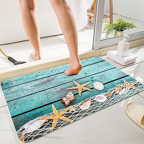 LYFANS Bath Rugs Sponge Foam Absorbent Soft for Bathroom and Kitchen (30X17 inches), Flannel Mat Non Slip Bright 3D Print for Bedside and Living Room(Starfish on Blue Wooden Board)