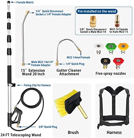 jOYjOB 24ft Pressure Washer Extension Wand with Brush Nozzle Tips Belt Harness and Gutter Cleaner, Commercial Grade Telescoping Power Washer Wand - Image 3