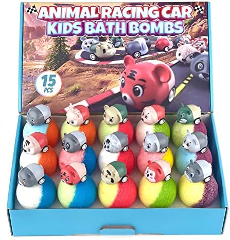15PCS XL Bath Bombs for Kids with Animal Racing Cars Inside, Gentle & Kid Safe Bubble Bath Fizzies, Birthday Gift for Boys & Girls