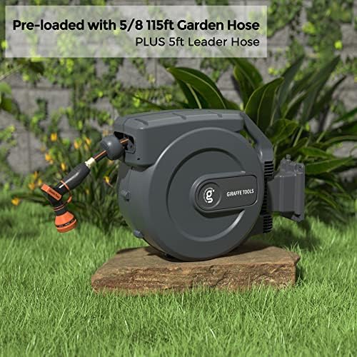 Giraffe Tools AW505/8 Retractable Garden Hose Reel 5/8" x 115+5 ft, Heavy Duty Wall Mounted Water Hose Reel Automatic Rewind, 180 Deg Swivel Bracket, Slow Retraction, 115ft, Dark Grey - Image 3