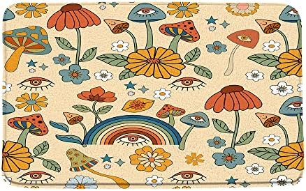 Retro Boho Mushroom Bath Mat 60s 70s Floral Funky Plant Vintage Flower Eyes Rainbow Trippy Hippie Abstract Cute Bathroom Microfiber Memory Foam Bathroom Rug Doormat Kitchen Toilet Floor Rug
