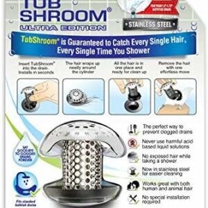 TubShroom Ultra Revolutionary Bath Tub Drain Protector Hair Catcher/Strainer/Snare Stainless Steel, 1-Pack, Silver