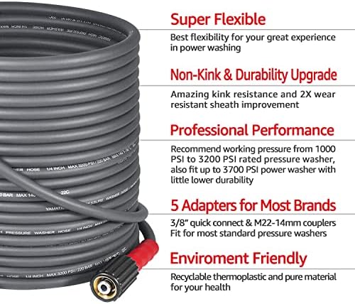 YAMATIC Super Flexible Pressure Washer Hose 50FT X 1/4", Kink Resistant Real 3200 PSI Heavy Duty Power Washer Extension Replacement Hose With M22-14mm x 3/8" Quick Connect Kit For Gas & Electric, Grey - Image 2