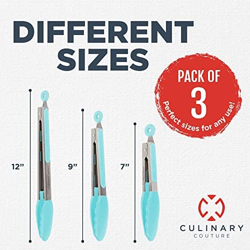 Silicone Kitchen Tongs for Cooking with Silicone Tips, Heat Resistant Tongs for Serving Food, 7-Inch, 9-Inch, 12-Inch Locking Silicone Tongs, Set of 3 Salad Tongs, Aqua Sky Kitchen Utensils - Image 3